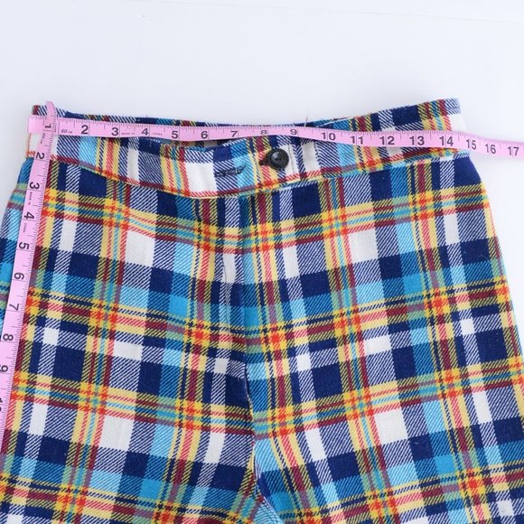 70's Inspired Yellow &  Blue Checker Print Wide Leg Pants - Picture 3 of 14